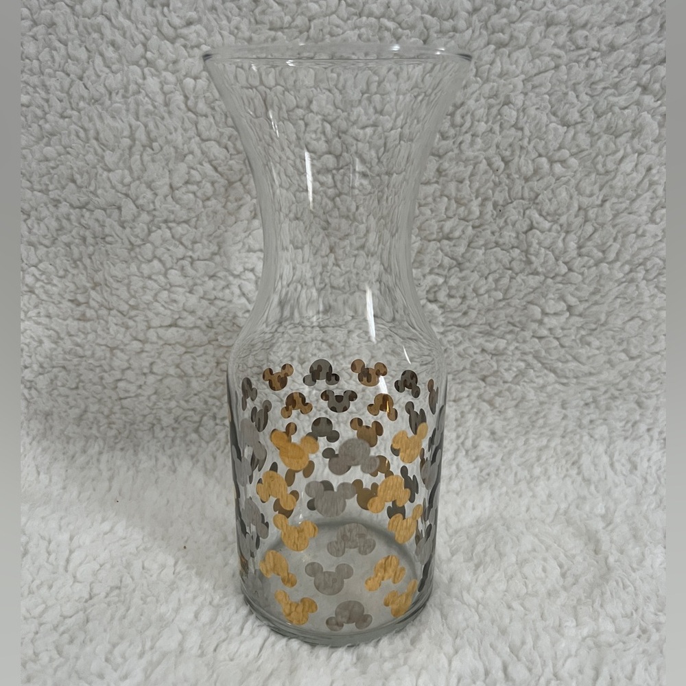Clear Glass Mickey Mouse Vase 8", silver & gold Mickey heads, very pretty